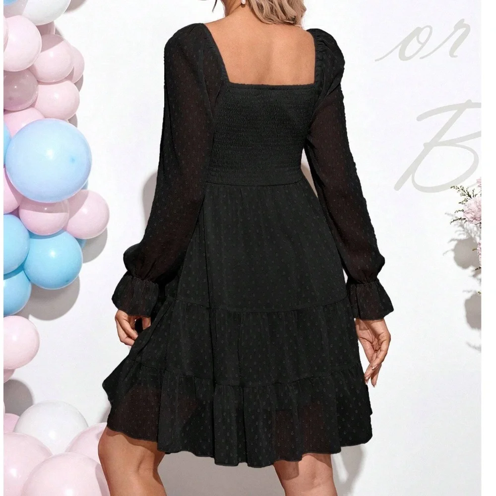 Maternity Polka Dot Shirred Bust Long Sleeve Ruffle Mini Dress
